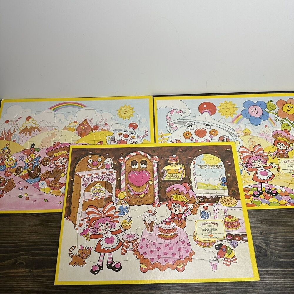 3 Vintage Sugar & Spice Inlaid Picture Puzzles Jaymar Colorforms 1981 Candy Land